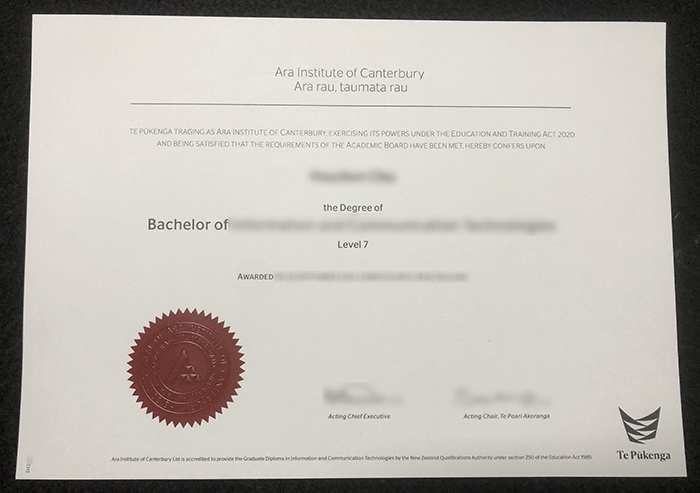 Ara Institute of Canterbury degree certificate